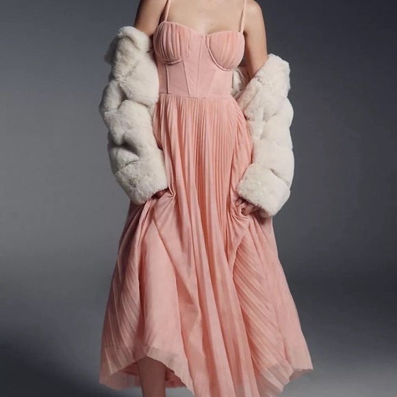Anthropologie X Hutch Amara Pink Corset Pleated Midi Dress Size 4 NWOT
